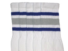 Knee High White Tube Socks with Royal Blue and Grey Stripes