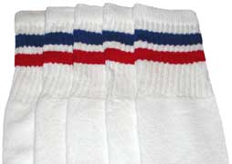 Knee High White Tube Socks with Royal Blue and Red Stripes