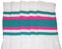 Knee High White Tube Socks with Teal and Hot Pink Stripes