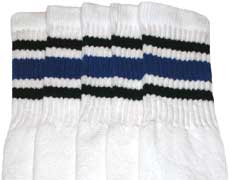 Knee High White Tube Socks with Black and Royal Blue Stripes