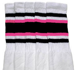 Over the knee White Tube Socks with Black and Bubblegum Pink Stripes