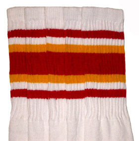Over the Knee White Tube Socks with Red and Gold Stripes