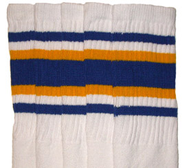 Over the Knee White Tube Socks with Royal Blue and Gold Stripes