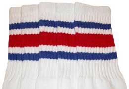 Over the Knee White Tube Socks with Royal Blue and Red Stripes