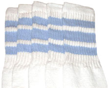 Thigh High White Tube Socks with Baby Blue Stripes