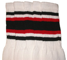 Thigh High White Tube Socks with Black and Red Stripes