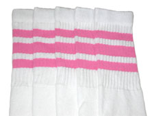 Thigh High White Tube Socks with Bubblegum Pink Stripes
