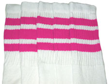 Thigh High White Tube Socks with Hot Pink Stripes