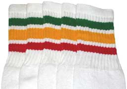Thigh High White Tube Socks with Green Gold and Red Rasta Striped Stripes